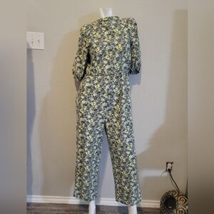 Universal Thread Floral Green and Yellow Puff-Sleeve Jumpsuit